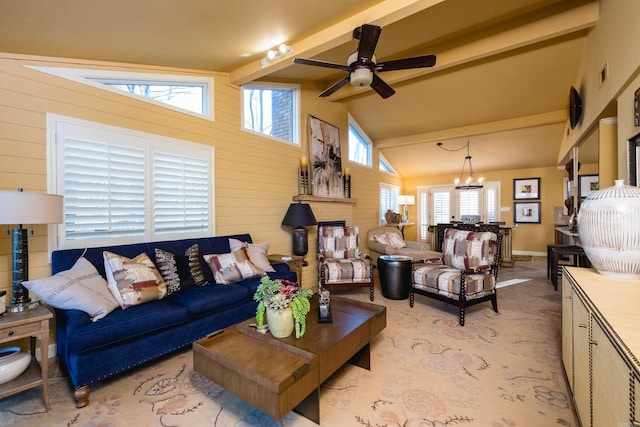 living area featuring visible vents, lofted ceiling with beams, wood walls, a fireplace, and light colored carpet