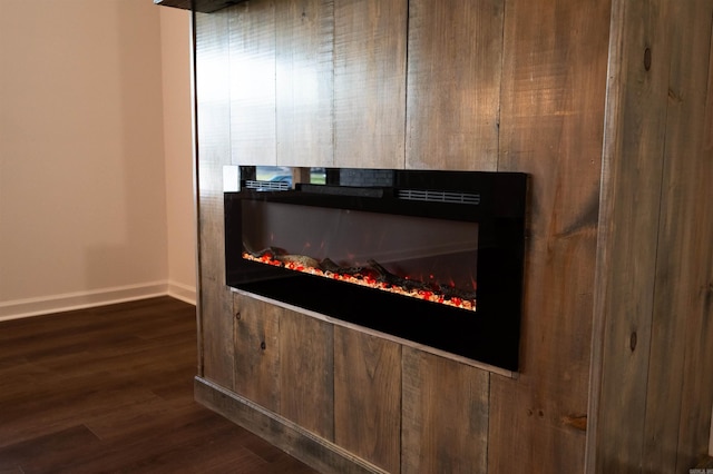 room details featuring a glass covered fireplace, baseboards, and wood finished floors