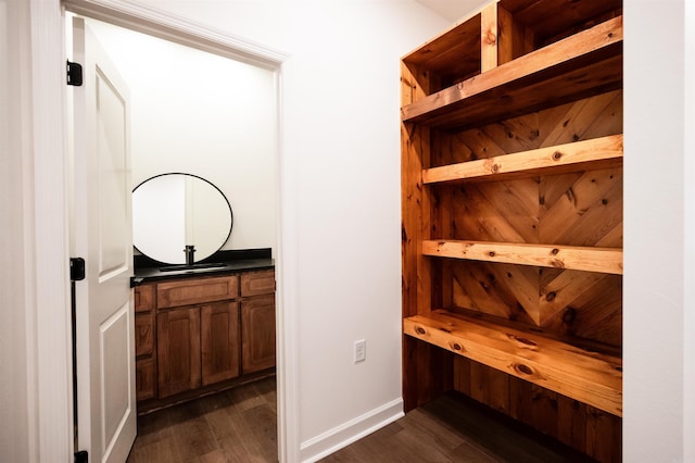 interior space featuring vanity, baseboards, and wood finished floors