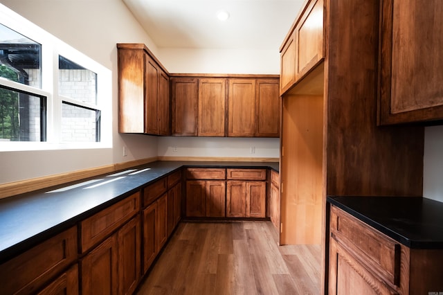 kitchen featuring dark countertops, brown cabinets, and wood finished floors