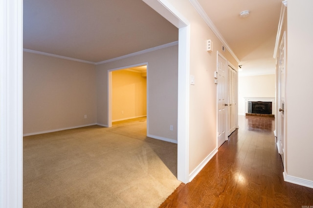 hall with wood finished floors, baseboards, and ornamental molding