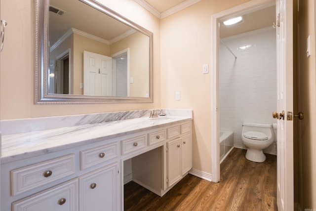 full bath with toilet, ornamental molding, shower / bathtub combination, wood finished floors, and vanity