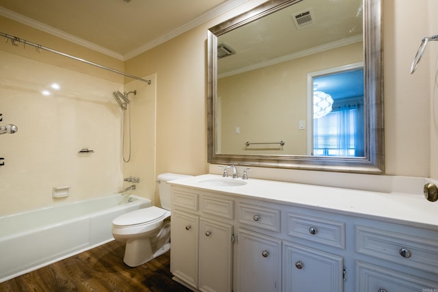 full bathroom with visible vents, toilet, ornamental molding, wood finished floors, and vanity