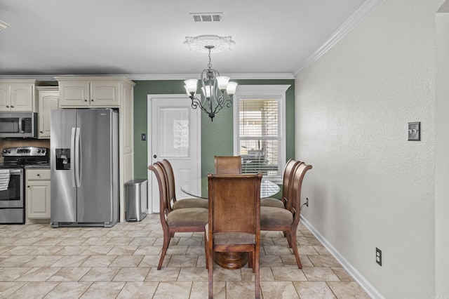 dining space featuring visible vents, a notable chandelier, ornamental molding, light tile patterned floors, and baseboards