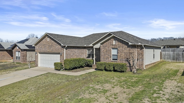 ranch-style house featuring brick siding, an attached garage, fence, a front yard, and driveway