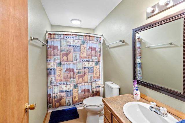 full bathroom with toilet, vanity, and a shower with curtain