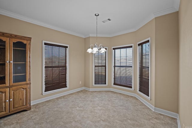 unfurnished dining area with crown molding, visible vents, baseboards, and a chandelier