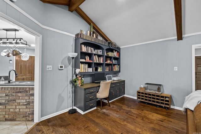 office with vaulted ceiling with beams, dark wood-style floors, baseboards, and a sink