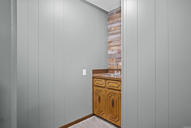 interior space featuring vanity and wooden walls