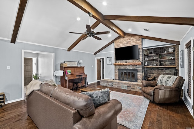 living area featuring visible vents, lofted ceiling with beams, dark wood-style floors, baseboards, and a brick fireplace