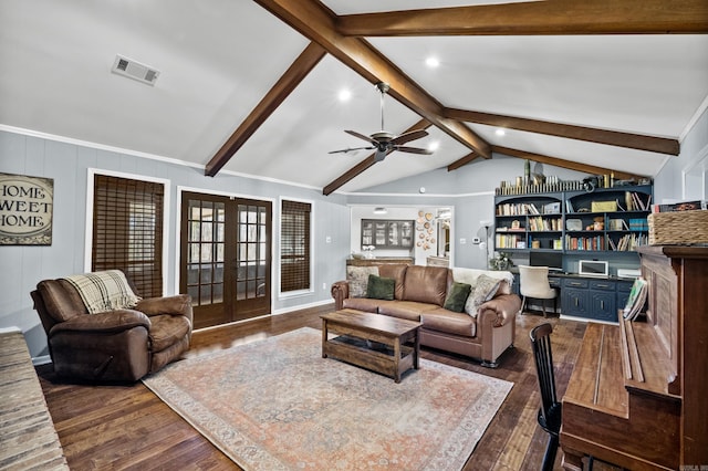 living area with lofted ceiling with beams, visible vents, dark wood-style floors, and french doors