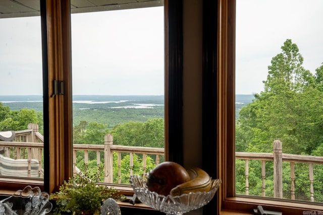 interior space with a forest view