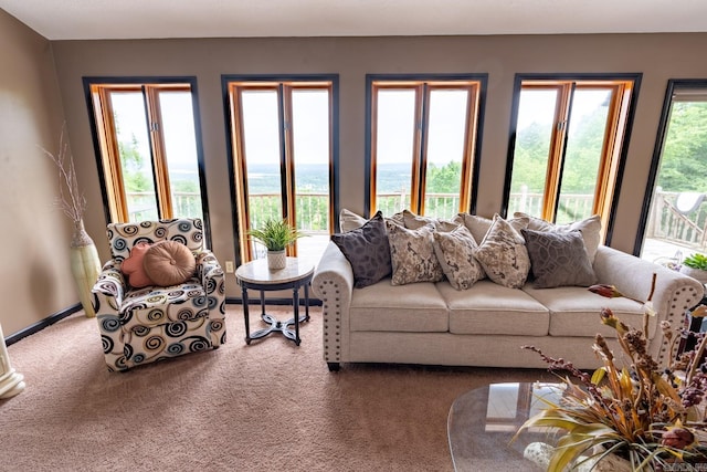 carpeted living area featuring baseboards