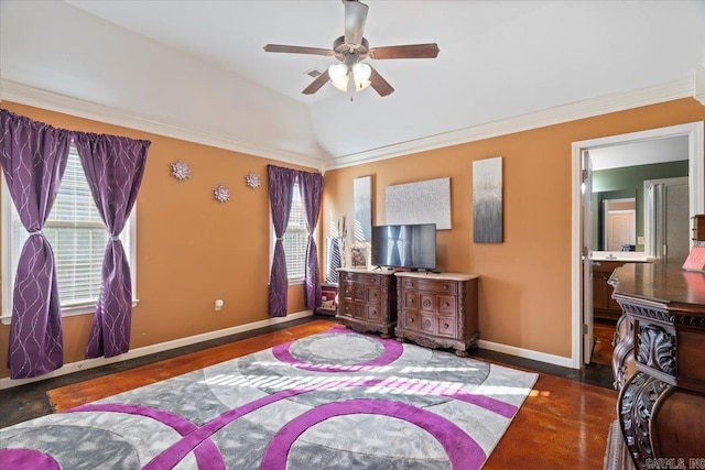 bedroom featuring ceiling fan, baseboards, lofted ceiling, and ornamental molding