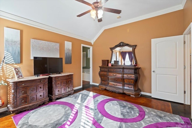 bedroom with crown molding, baseboards, and vaulted ceiling