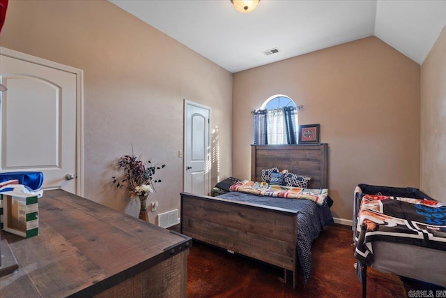 bedroom featuring vaulted ceiling, baseboards, and visible vents