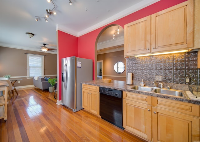 kitchen featuring ornamental molding, black dishwasher, light wood-style floors, stainless steel refrigerator with ice dispenser, and backsplash