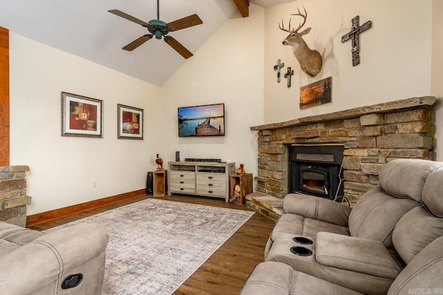 living room featuring a ceiling fan, wood finished floors, baseboards, high vaulted ceiling, and beamed ceiling