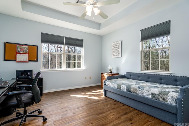 bedroom with multiple windows, baseboards, a tray ceiling, and wood finished floors