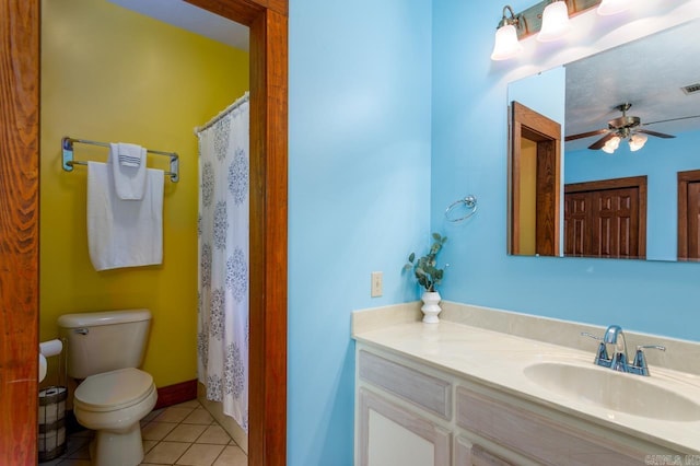 full bath featuring tile patterned floors, toilet, a shower with shower curtain, ceiling fan, and vanity