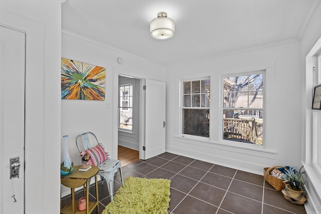 interior space with baseboards, dark tile patterned flooring, and ornamental molding