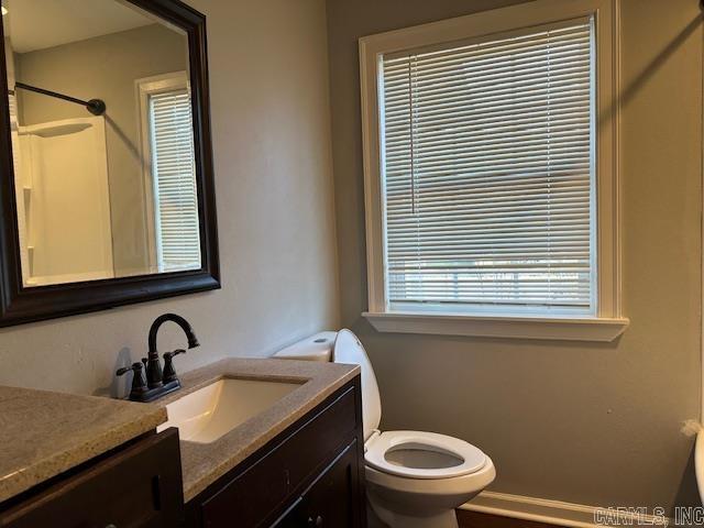 bathroom featuring vanity, toilet, and a shower