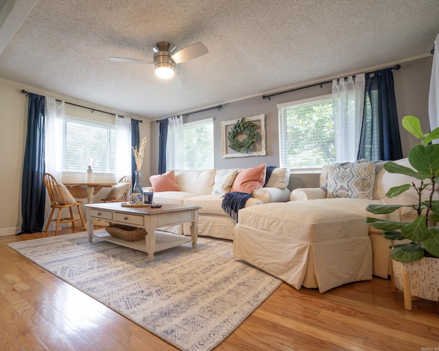 living room featuring light wood-type flooring, a wealth of natural light, and a textured ceiling