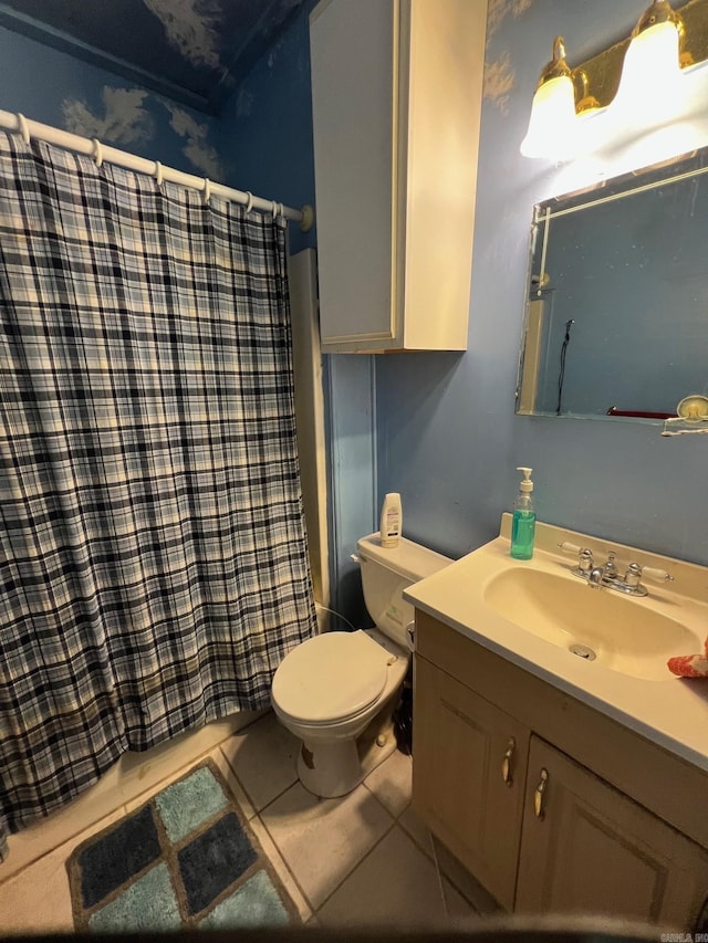 full bath with toilet, shower / tub combo, tile patterned flooring, and vanity