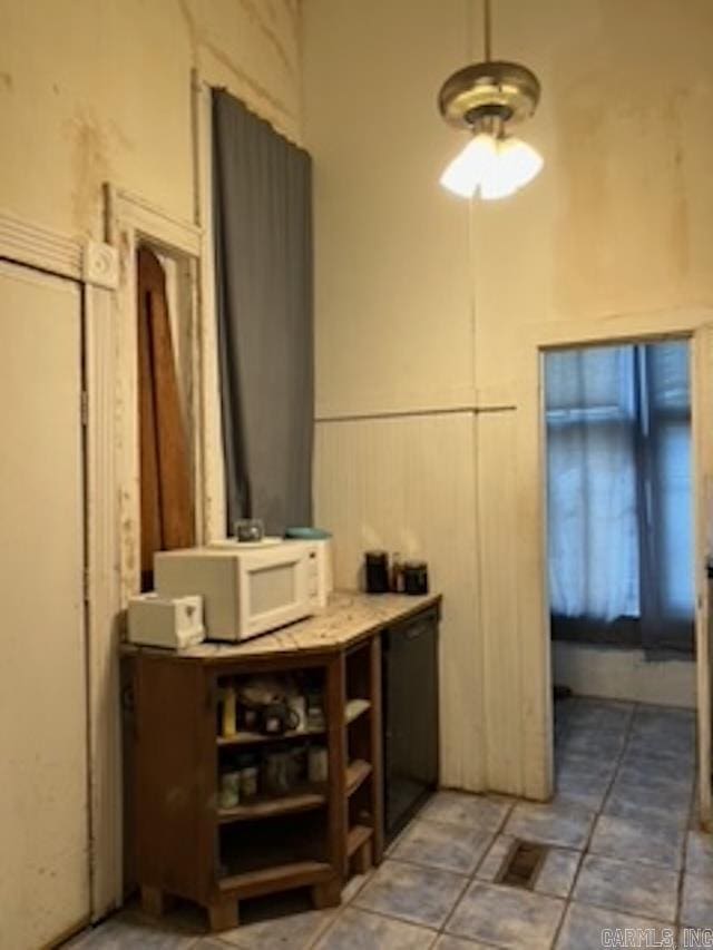 kitchen with white microwave