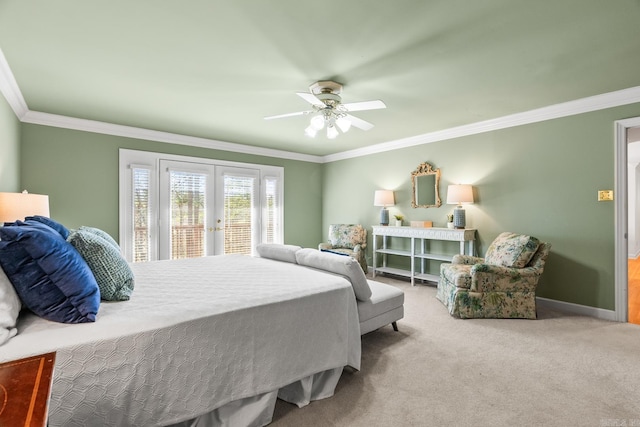 bedroom featuring french doors, carpet floors, ornamental molding, and access to outside