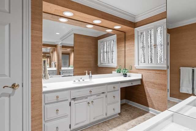 bathroom with tile patterned floors, recessed lighting, vanity, and ornamental molding