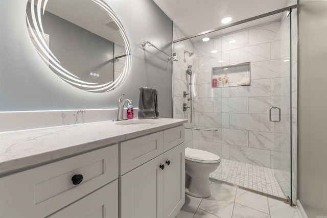 bathroom with vanity, recessed lighting, a shower stall, toilet, and marble finish floor