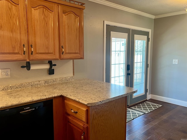 kitchen with ornamental molding, plenty of natural light, black dishwasher, french doors, and light countertops