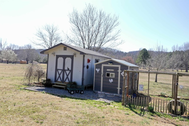 view of shed featuring a rural view and fence