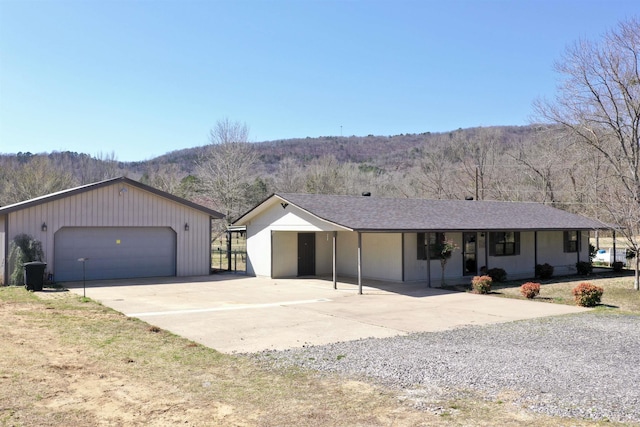 ranch-style home featuring a garage and a shingled roof