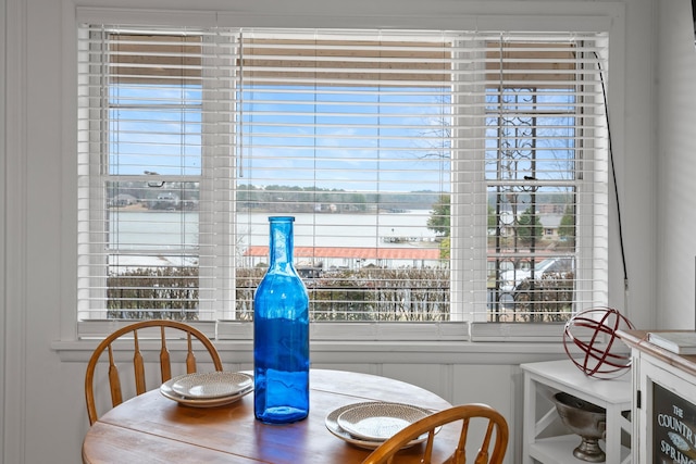 dining space featuring a wealth of natural light and a water view