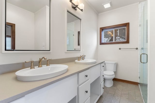 full bath featuring visible vents, toilet, crown molding, and a sink