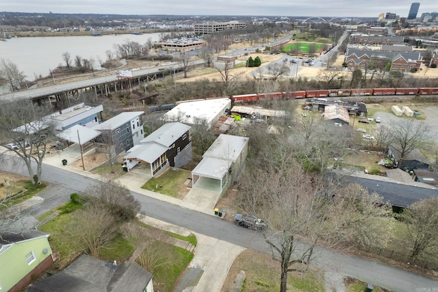 birds eye view of property featuring a water view