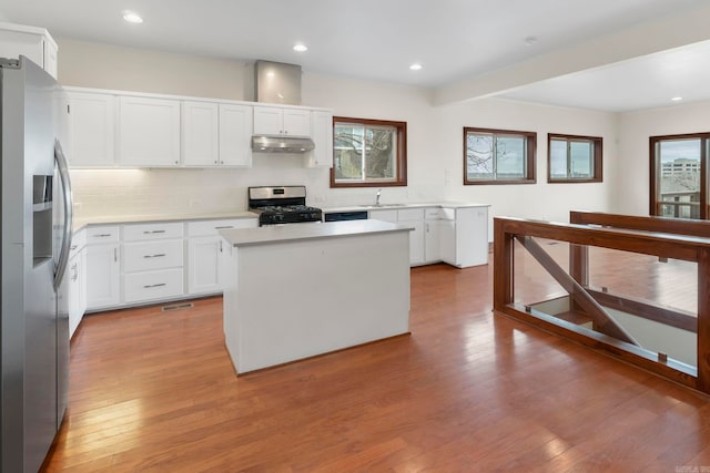 kitchen featuring a sink, hardwood / wood-style flooring, light countertops, under cabinet range hood, and appliances with stainless steel finishes