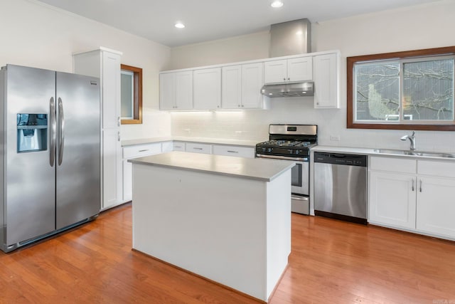 kitchen featuring light wood-type flooring, under cabinet range hood, a sink, white cabinetry, and appliances with stainless steel finishes