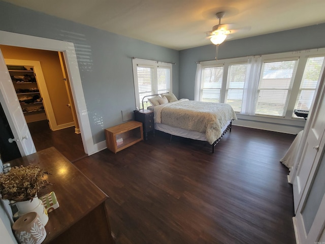 bedroom featuring dark wood-style floors, a spacious closet, a ceiling fan, and baseboards