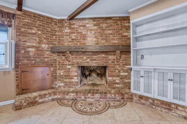 unfurnished living room with a brick fireplace, crown molding, and tile patterned flooring