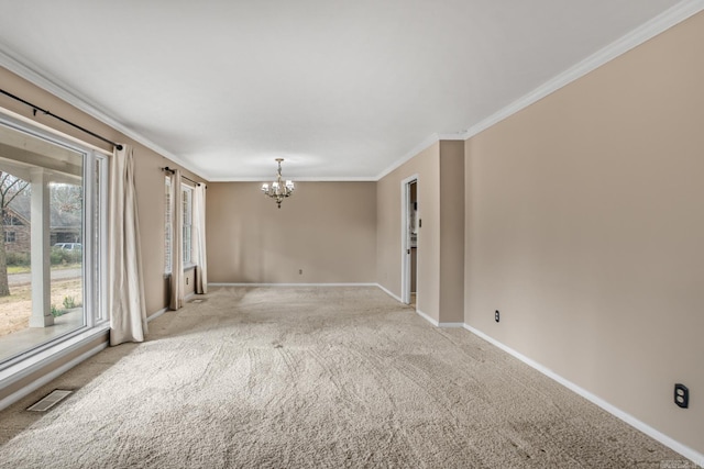 empty room with a notable chandelier, baseboards, visible vents, and carpet floors