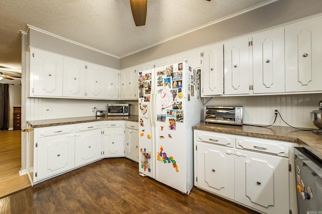 kitchen featuring white cabinetry, a ceiling fan, dark wood-style flooring, and white fridge with ice dispenser