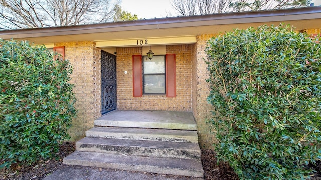 view of exterior entry with brick siding