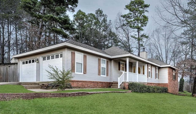 ranch-style home with a front yard, a porch, an attached garage, a shingled roof, and a chimney