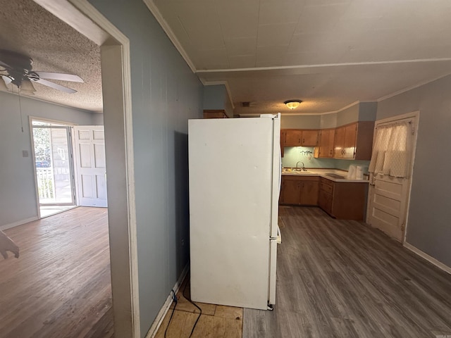 kitchen featuring light countertops, crown molding, dark wood-style floors, and freestanding refrigerator