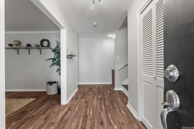 entrance foyer with baseboards and wood finished floors