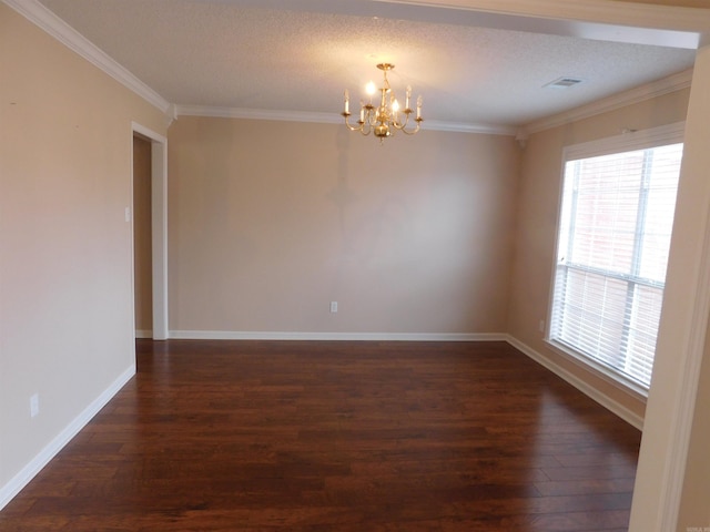 empty room featuring a notable chandelier, dark wood-style floors, baseboards, and ornamental molding