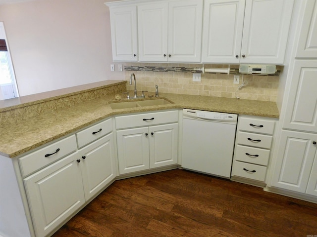 kitchen with a sink, decorative backsplash, dishwasher, and dark wood-style flooring